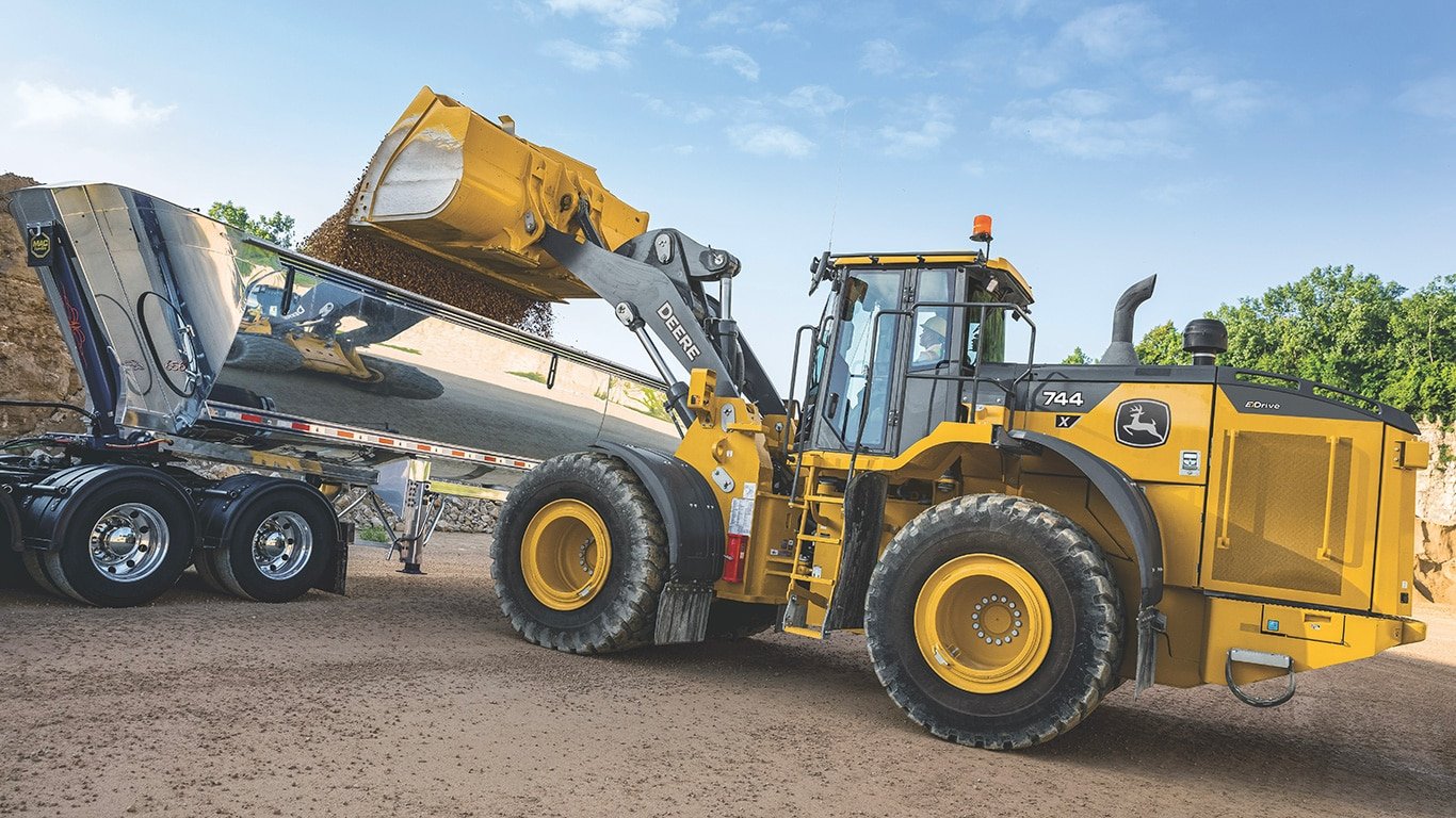 744 X-Tier Wheel Loader dumping rocks into a truck